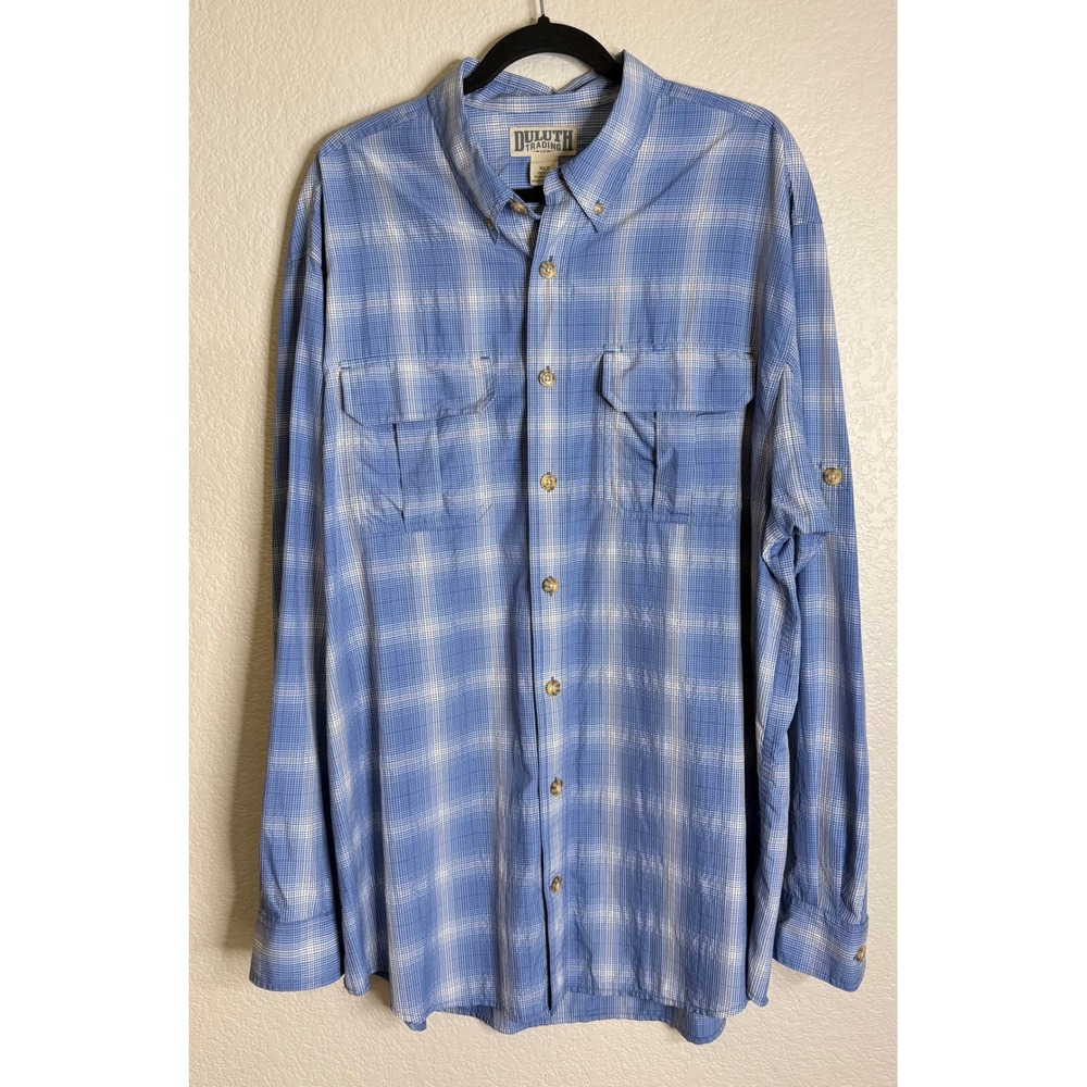 Duluth Trading Co Mens XLT Blue Plaid Button Down Roll‎ Tab Sleeve Utility Shirt